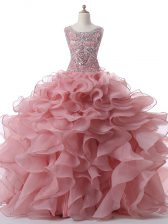 Custom Design Floor Length Pink Quinceanera Dress Organza Sleeveless Beading and Ruffles