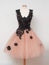  Peach Tulle Zipper Straps Sleeveless Knee Length Quinceanera Dama Dress Lace