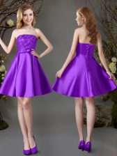 Eye-catching Eggplant Purple Satin Lace Up Strapless Sleeveless Mini Length Dama Dress Beading