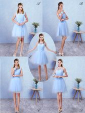 Most Popular Scoop Sleeveless Dama Dress for Quinceanera Knee Length Ruching Blue Tulle