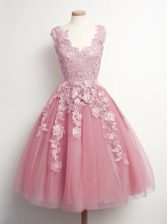  Pink A-line V-neck Sleeveless Tulle Knee Length Lace Up Appliques Dama Dress for Quinceanera