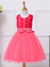 Admirable Scoop Sleeveless Little Girl Pageant Dress Knee Length Bowknot Hot Pink Tulle