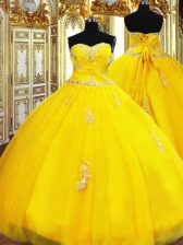 Sexy Gold Sweet 16 Dresses Military Ball and Sweet 16 and Quinceanera with Beading and Appliques Sweetheart Sleeveless Lace Up
