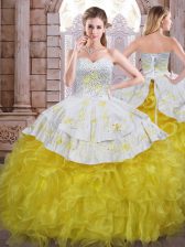  Floor Length Ball Gowns Sleeveless Yellow And White 15 Quinceanera Dress Lace Up