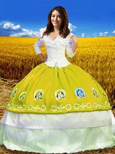 Cute Gold Taffeta Lace Up Off The Shoulder 3 4 Length Sleeve Floor Length 15th Birthday Dress Embroidery