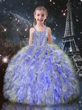  Lavender Straps Neckline Beading and Ruffles Girls Pageant Dresses Sleeveless Lace Up