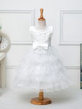  Tea Length Ball Gowns Sleeveless White Little Girls Pageant Dress Zipper