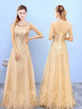 Artistic Floor Length Gold Vestidos de Damas Organza Sleeveless Beading and Appliques