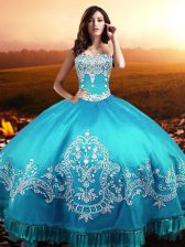  Aqua Blue Ball Gowns Taffeta Sweetheart Sleeveless Beading and Appliques Floor Length Lace Up 15th Birthday Dress