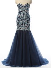 Elegant Sleeveless Zipper With Train Beading and Embroidery Prom Dresses