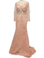  Peach Scoop Neckline Beading and Hand Made Flower Homecoming Dress Long Sleeves Side Zipper