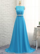  Baby Blue Empire Asymmetric Sleeveless Chiffon Brush Train Zipper Beading and Lace Dama Dress for Quinceanera