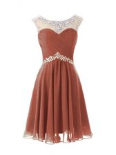  Brown Chiffon Zipper Scoop Cap Sleeves Knee Length Evening Dress Beading