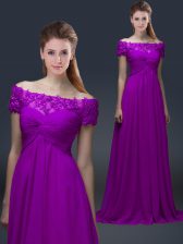  Purple Short Sleeves Chiffon Lace Up Prom Evening Gown for Prom and Party