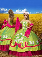  Olive Green Taffeta Lace Up Kids Pageant Dress Sleeveless Floor Length Embroidery