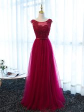 Luxurious Floor Length Lace Up Evening Dress Fuchsia for Prom and Sweet 16 and Quinceanera with Beading and Lace and Appliques and Belt