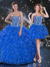 Unique Blue Ball Gowns Organza Sweetheart Sleeveless Beading and Ruffles Floor Length Lace Up 15 Quinceanera Dress