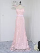 High Quality Baby Pink Sleeveless Lace Floor Length Dama Dress