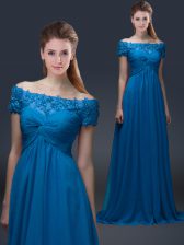 Short Sleeves Floor Length Appliques Lace Up Evening Dress with Royal Blue