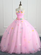 Chic Appliques and Hand Made Flower 15th Birthday Dress Pink Lace Up Sleeveless Floor Length
