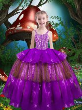 Exquisite Floor Length Ball Gowns Sleeveless Eggplant Purple Kids Pageant Dress Lace Up