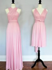 Eye-catching Baby Pink Empire Halter Top Sleeveless Chiffon Floor Length Lace Up Ruching Court Dresses for Sweet 16