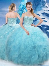  Floor Length Aqua Blue Vestidos de Quinceanera Tulle Sleeveless Beading and Pick Ups