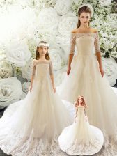 Fashionable Court Train Mermaid 15 Quinceanera Dress White Off The Shoulder Tulle Half Sleeves Lace Up