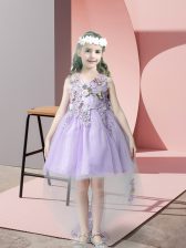 High Class Lavender Sleeveless High Low Lace and Bowknot Zipper Little Girls Pageant Gowns