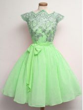 Sexy Knee Length Dama Dress Chiffon Cap Sleeves Lace and Belt