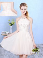 Decent Champagne Chiffon Lace Up Dama Dress Sleeveless Knee Length Lace