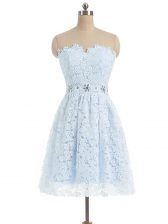 Ideal Light Blue A-line Lace Sweetheart Sleeveless Beading and Lace and Appliques Mini Length Zipper Dress for Prom