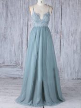  Floor Length Grey Quinceanera Dama Dress Spaghetti Straps Sleeveless Zipper
