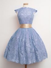 Glittering Blue Cap Sleeves Knee Length Belt Lace Up Quinceanera Court Dresses