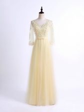  Half Sleeves Tulle Floor Length Lace Up Quinceanera Dama Dress in Light Yellow with Lace
