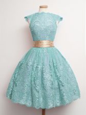 Nice Knee Length Aqua Blue Dama Dress for Quinceanera High-neck Cap Sleeves Lace Up