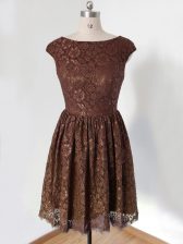  Scoop Cap Sleeves Court Dresses for Sweet 16 Knee Length Lace Brown Lace