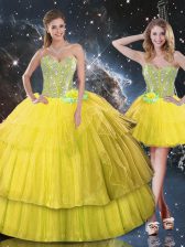  Gold Ball Gowns Ruffled Layers and Sequins Sweet 16 Quinceanera Dress Lace Up Organza Sleeveless Floor Length