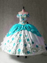  Multi-color Lace Up Vestidos de Quinceanera Embroidery and Ruffles Cap Sleeves Floor Length