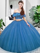  Blue Sleeveless Floor Length Lace Lace Up 15 Quinceanera Dress