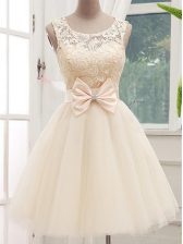 Wonderful Tulle Sleeveless Knee Length Dama Dress for Quinceanera and Lace and Bowknot