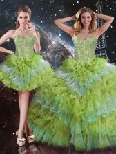  Multi-color Three Pieces Sweetheart Sleeveless Organza Floor Length Lace Up Beading and Ruffled Layers Quinceanera Gowns
