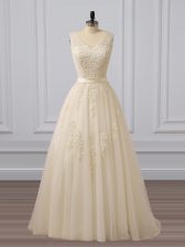 Noble Champagne Tulle Lace Up V-neck Sleeveless Prom Evening Gown Brush Train Lace and Appliques