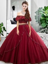  Floor Length Lace Up Quinceanera Gowns Burgundy for Military Ball and Sweet 16 and Quinceanera with Lace and Ruffles