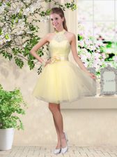  Light Yellow Sleeveless Knee Length Lace and Belt Lace Up Quinceanera Court of Honor Dress