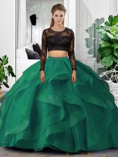 Dark Green Scoop Neckline Lace and Ruffles Sweet 16 Quinceanera Dress Long Sleeves Backless