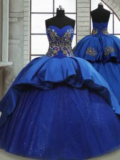 Traditional Satin and Tulle Sleeveless 15 Quinceanera Dress Sweep Train and Beading and Appliques