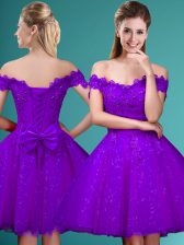  Off The Shoulder Cap Sleeves Damas Dress Knee Length Lace and Belt Eggplant Purple Tulle