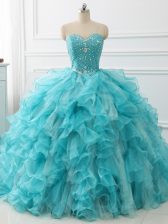  Sweetheart Sleeveless Brush Train Lace Up Vestidos de Quinceanera Aqua Blue Organza