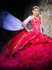  Lace Up Vestidos de Quinceanera Hot Pink and In with Embroidery and Ruffles Brush Train